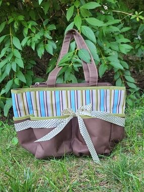 Babies R US Striped Brown Tote Bag Polka Dot Bow. Top Zip Closure.